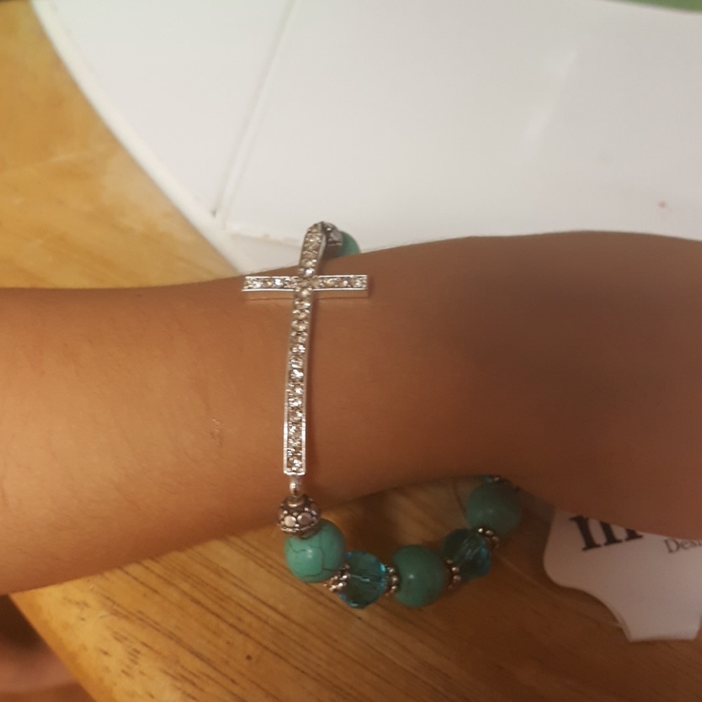 Rhinestone Cross with teal and blue bracelet
